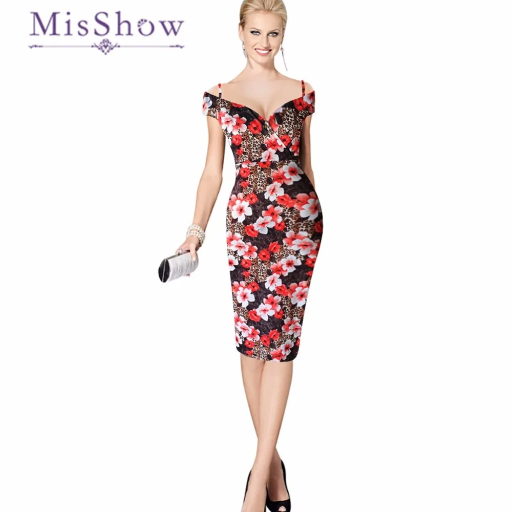 

MisShow 2019 Sexy V Neck Bodycon Pencil Dress Summer Dress Floral Print Sheath Sleeveless Knee Length Casual Dress Office Dress