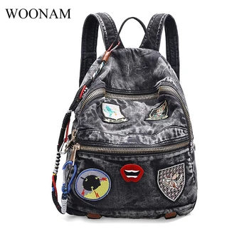 

WOONAM Women Fashion Charm Chain Denim Leather Trim Embroidery Lip Patched Backpack Bag WB283