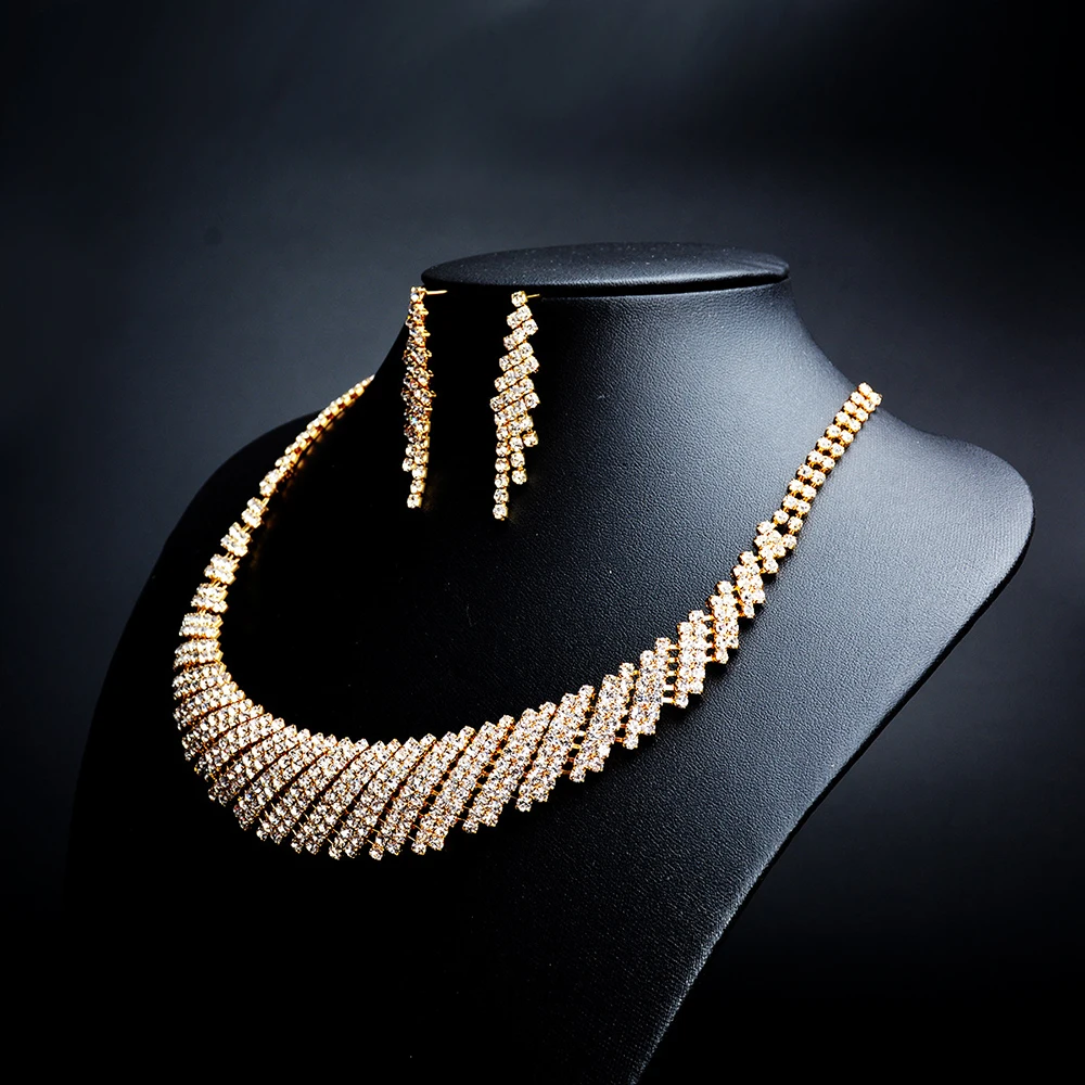 Лучший роскошный комплект ювелирных украшений золотистого цвета для женщин модное ожерелье и серьги-гвоздики Набор для помолвки и свадьбы