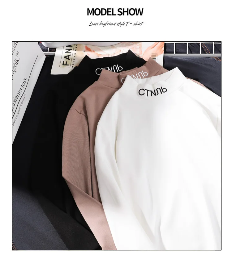 Футболки с длинным рукавом Женские Досуг письмо вышивка водолазка женские универсальные модные корейские Студенческая футболка женские тонкие
