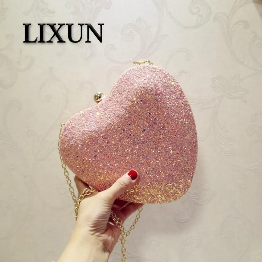 

LIXUN Sequin Love Solid Design Women PU Leather Floral Evening Clutches Bags Party Minaudiere Hasp Handbags Purse Wedding Bags