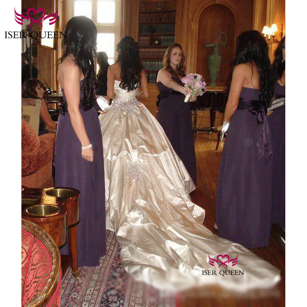 Роскошный блестящий атлас шампанского Блестящий большой кристалл возлюбленный вырез гофрированные Свадебные платья бальное платье w0345