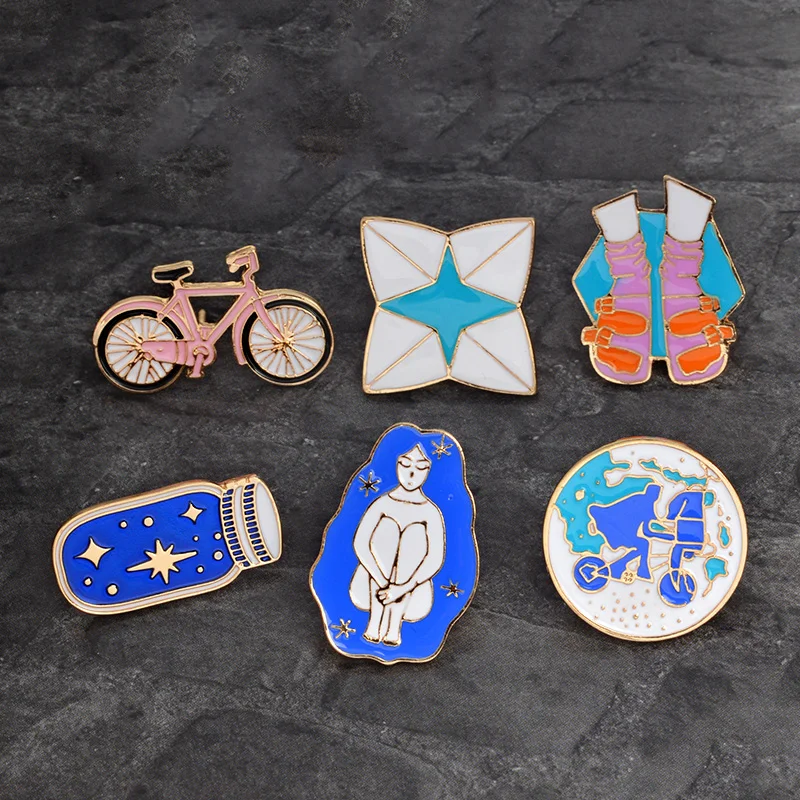 

Cartoon Brooch Bicycle Girl Shoes Origami Wishing bottle Travel around the world Enamel pins Backpack Jacket Lapel Pin Badge