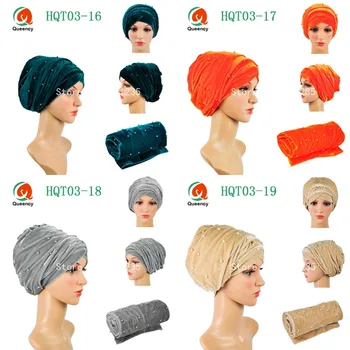 

HQT03 Velvet turban with beads Solid color African headtie Width72"*22" 5colors African turban gele scraf for women ladies.