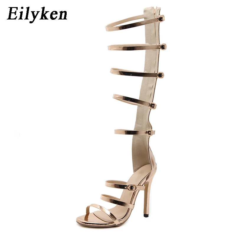

Eilyken Gladiator Over Knee High Heel Boots Sandals Sexy Buckle Women Open Toe Stiletto Sandals Club wear Party Fetish Golden