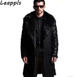 Leappls Плюс Размер 6XL 7XL искусственная кожа Тренч длинное пальто мужская зимняя куртка мода искусственный мех Turn-Down воротник шерстяная