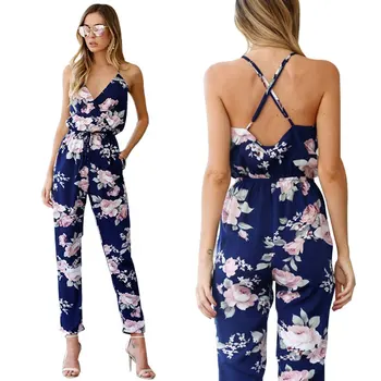 

2018 Bkld Rompers Womens Jumpsuit Summer Ladies Blue Sexy Deep V Neck Lace Up Sleeveless Floral Back Cross Casual Jumpsuit Femme