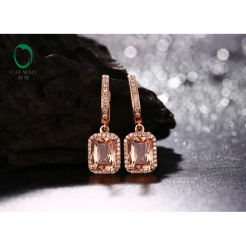 Caimao 2.77ct Morganite Diamond Drop Dangle Earrings Real 14kt Rose Gold