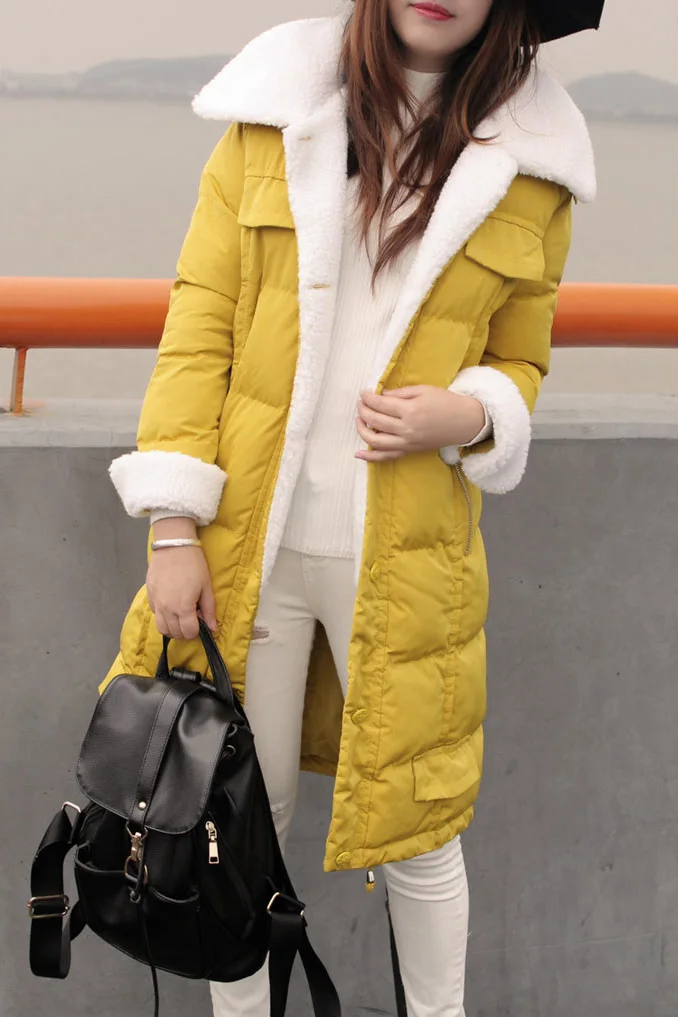 Новинка, зимняя женская куртка средней длины, студенческая мода, женское хлопковое пальто, однотонный цвет, меховой воротник, женская верхняя одежда, S-XL, WK214 - Цвет: yellow