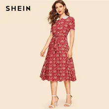 SHEIN 30s Приталенное Платье-Клёш С Поясом Кружевным Воротником И Графическим Принтом Женское Летнее Красное Классическое Платье С Короткими Рукавами