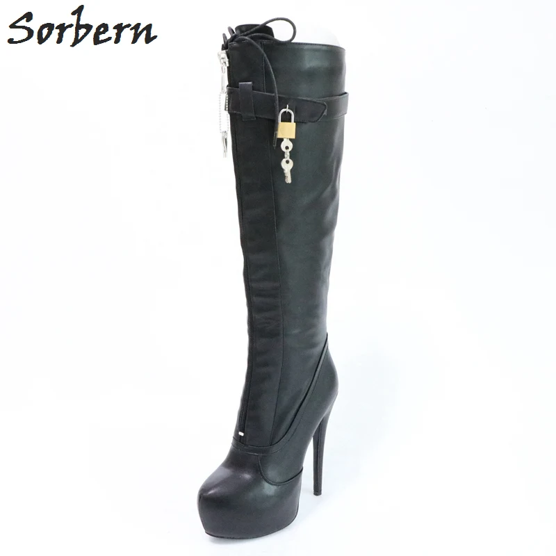 

2018 New Women Knee Length Boots Zipper With Lace Up Boots Lock Boot PU Fashion Ladies Party Boots Plus Size