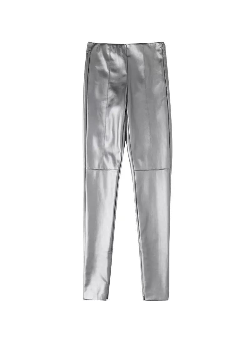 Vangull/высококачественные облегающие кожаные брюки для женщин; сезон осень; брюки из искусственной кожи с боковой молнией; коллекция года; сезон весна; Серебристые брюки-карандаш с высокой талией