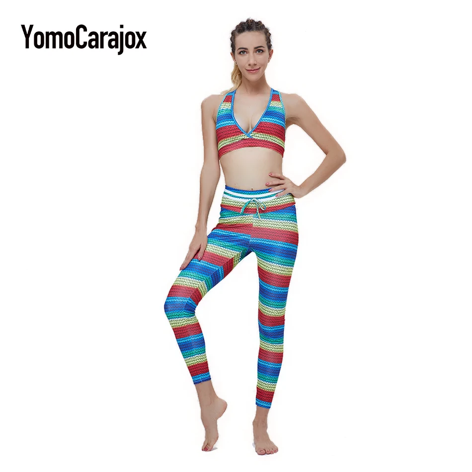

Rainbow Original Knit Print Women Fitness Tracksuit Colorful Female Yuga Sets Workout Bar and High Waist Slim Push UP Leggings