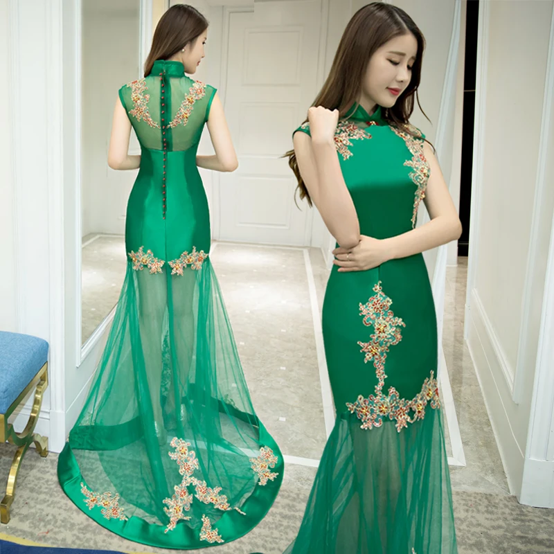 

chinese traditional qipao dress sleeveless women wedding gown fishtail sequin long mermaid green china cheongsam red modern