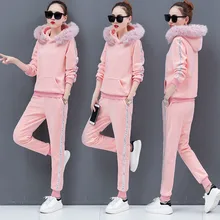 Осень и зима плюс бархат утолщение спортивный костюм женский модный меховой воротник с капюшоном Золотой бархатный свитер из двух частей