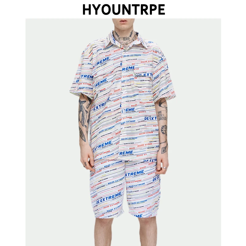 

2 Pieces Sets Mens Fashion Letter Printed Short Sleeve Loose Shirt And Drawstring Elastic Waist Cargo Pockets Pants Hip Hop Set