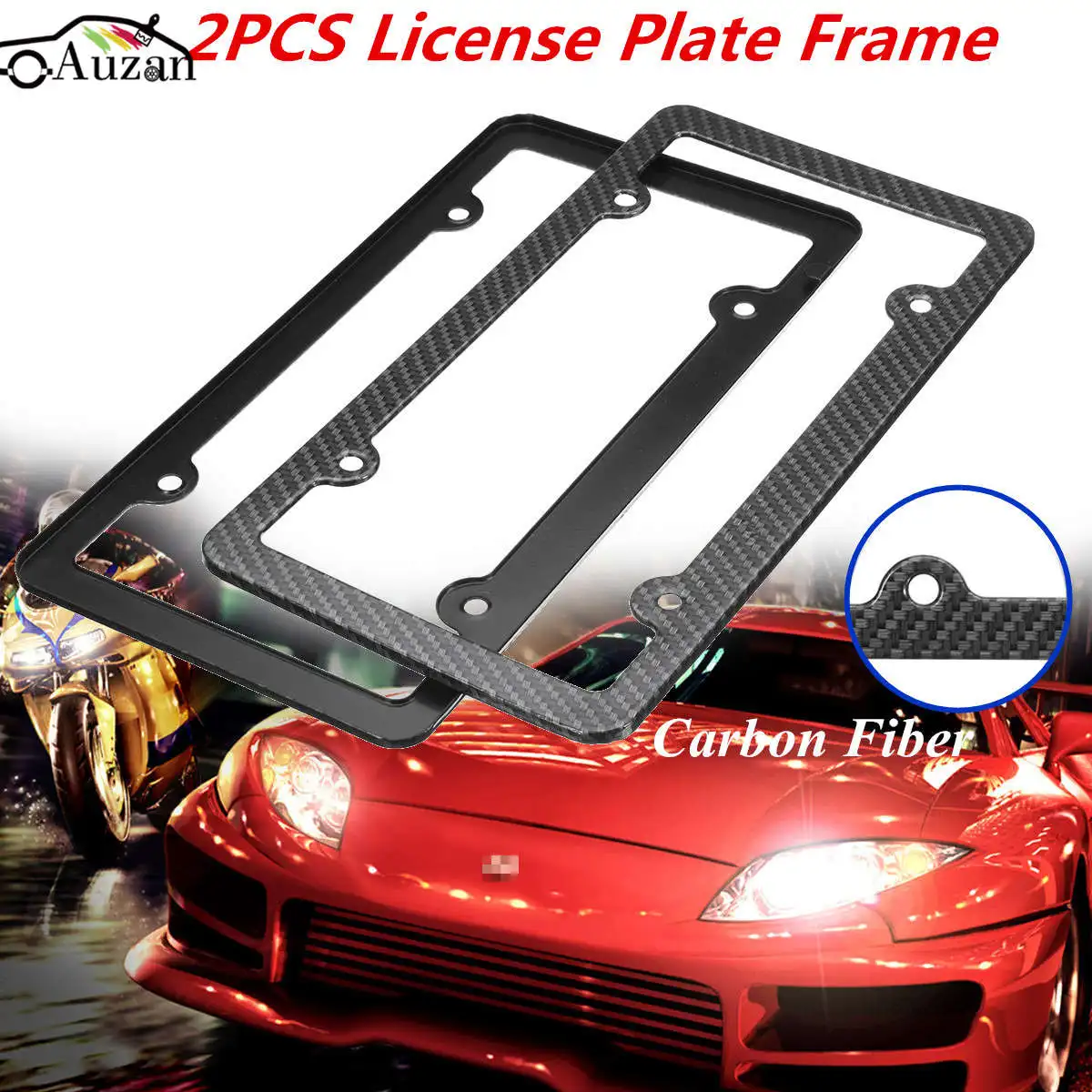 

2x US Car Front Rear Carbon Fiber License Plate Frame Holder Tag Cover 4 Holes
