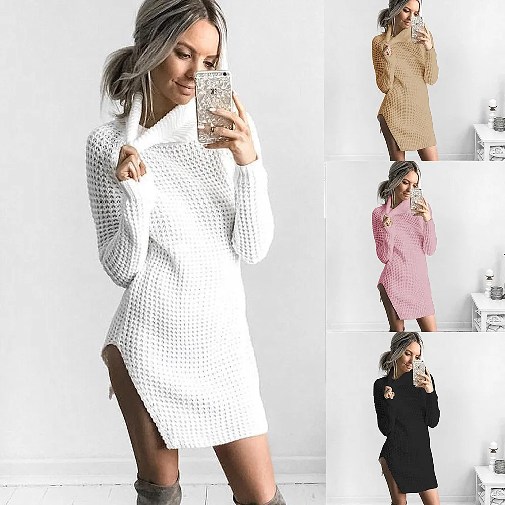 

White Khaki Pink Black Autumn Winter Lady Knitwear Sexy Jumper Dress Long Sleeve Pullover Women Turtleneck Knitted Sweater Dress