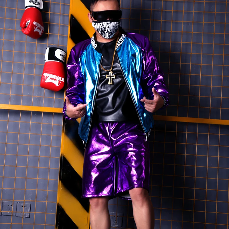 Por Púrpura Hombre jacket Abrigo Hop Hip Encargo Azul Shorts Streetwear Casual Hombres Chaqueta Trajes Empalme Etapa Pu Moda HvfwHqYrx