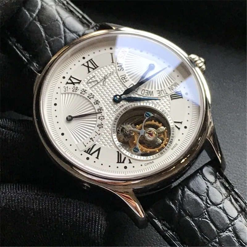 

Top Luxury Men's Seagull Tourbillon Watches Calendar Week Display Clock Crocodile Leather Men Mechanical Watch Pilot ST8004 2019