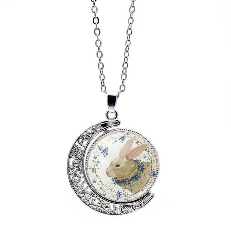 

Easter Bunny Double Rotating Necklace Jewelry Crystal Pendant Retro Sweater Chain Rabbit Choker