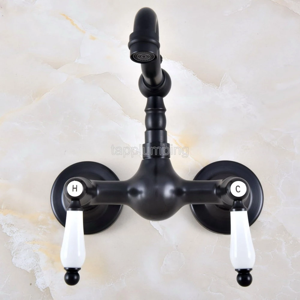 

Black Oil Rubbed Bronze Wall Mounted Bathroom Basin Faucet / 360 Swivel Spout Kitchen Sink Mixer Taps tnf868