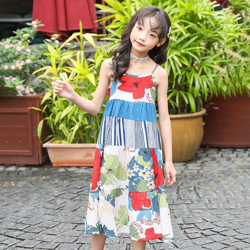 

New 2019 Summer Girls Beach Dresses For Kids Sleeveless Floral Printed Party Dress Baby Big Girls Knee Length Holiday Clothing