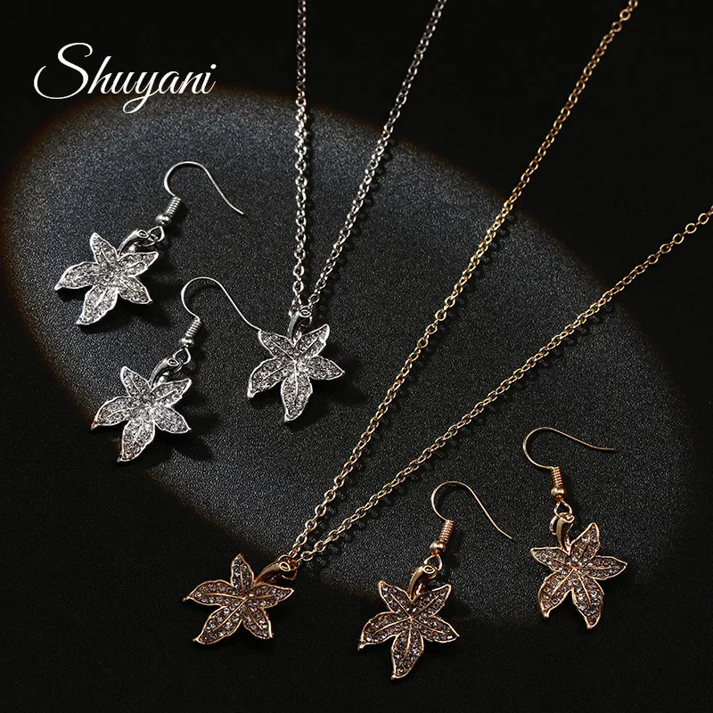 

Shuyani New Fashion Rhinestone Pendant Maple Leaf Jewelry Sets Women Wedding Drop Earrings Necklace Jewelry Bijoux