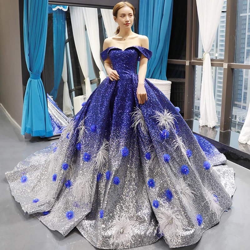 J66748 женское синее платье Quinceanera 2020 милое с открытыми плечами и коротким рукавом