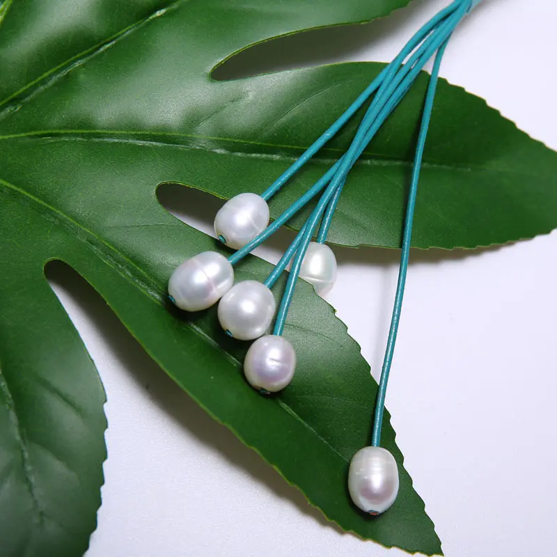 Blue Leather 10-11 mm String Pearl Necklace 68 cm Long, 5 Star Pendant 10.5 cm Long