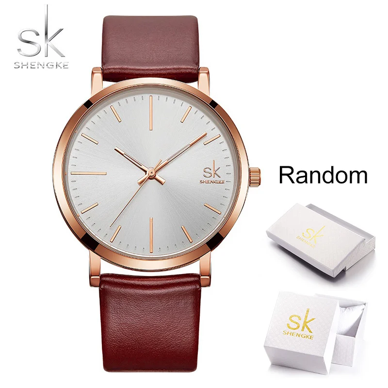 SHENGKE Couple Watches Brown White Leather Strap Quartz Clock Montre Homme Simple Design White Dial Relogio Masculino - Цвет: coffee man box