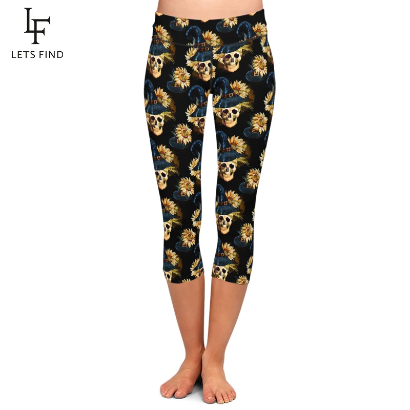 LETSFIND Summer Sexy Skull and Flowers Milk Silk Digital Printing Pants High Waist Plus Size Women Black Fitness Capri Leggings