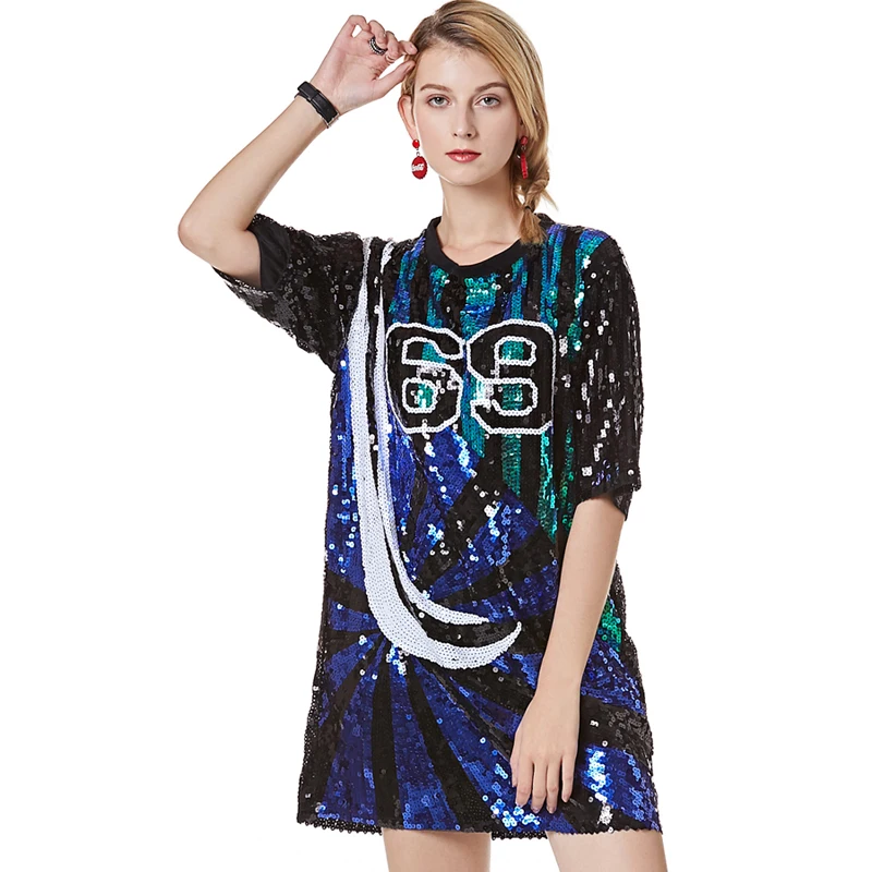 Summer Casual Oversized T Shirt Sequin Dress Loose New Jersey Graphic