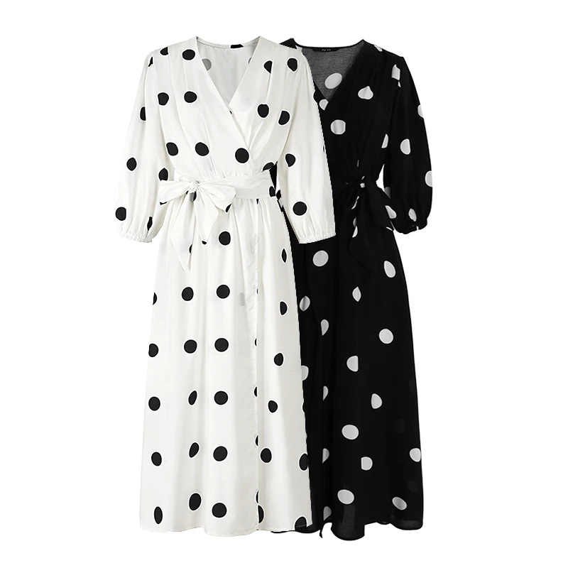 black and white polka dot long sleeve dress