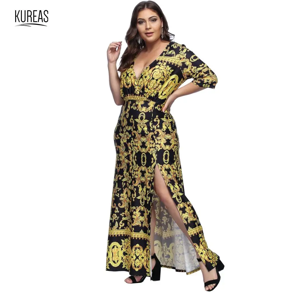 

Kureas African Dress for Women Dashiki Print Maxi Dresses Slit Summer Tribal Vestidos Ethnic Clothing Vetement Femme