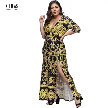 

Kureas African Dress for Women Dashiki Print Maxi Dresses Slit Summer Tribal Vestidos Ethnic Clothing Vetement Femme