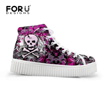 

FORUDESIGNS Skull Pattern High Top Height Increasing Creepers for Women Autumn New Women's Sneakers Flats Platform Shoes Woman