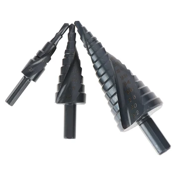

1pc Nitrided black spiral grooved triangular handle titanium-plated step drill hss titanium coated cone bit metric 4-12/20/32mm