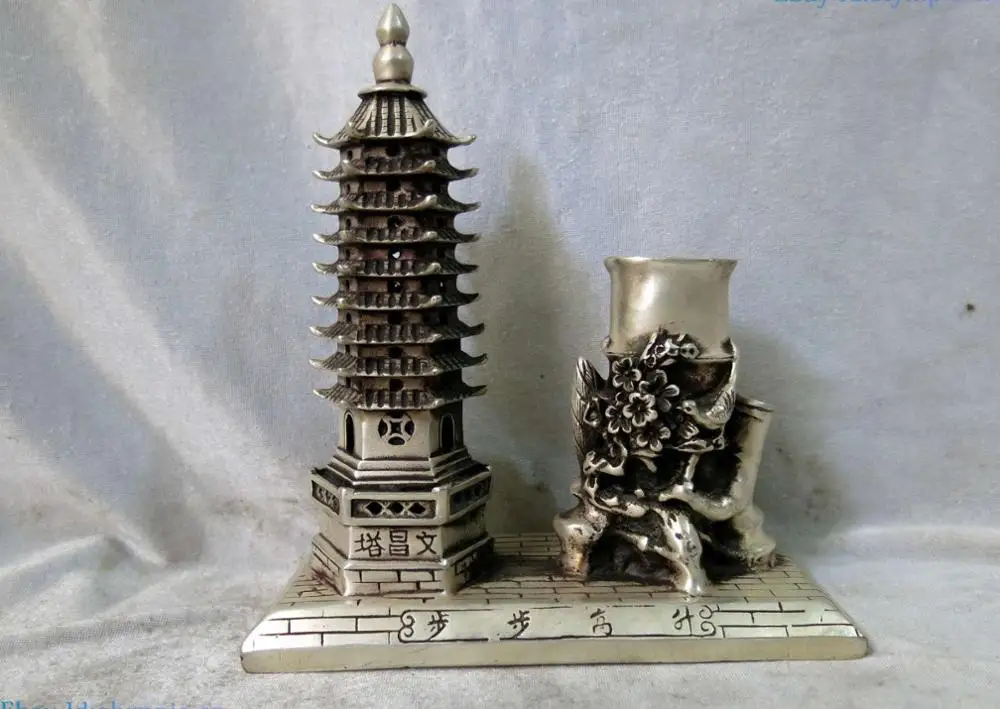Scultura In Argento Cina Intagliato Pagoda Di Culturale Prosperità Pennello Pot Statua