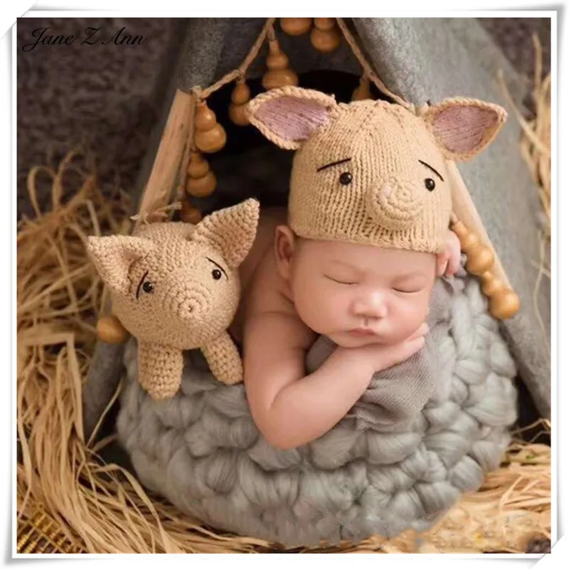 

Jane Z Ann 0-3 month baby photography props 4 colors handmade knitted hat+ pig puppet studio shooting accessories pig year gift