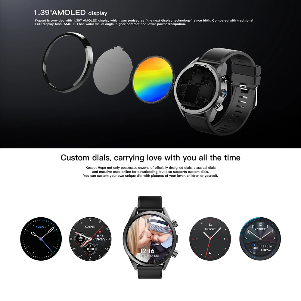  KOSPET Hope 4G Bluetooth Android 7.1.1 Smart Watch 1.39