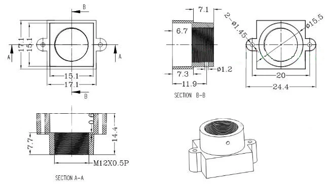 AICO-M12-Mount-Lens-Holder-20mm-hole-distance-drawing
