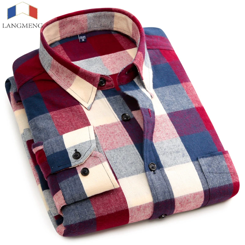 Achat Langmeng 100% Coton Printemps À Manches Longues Hommes En Flanelle à Carreaux Chemise Robe Chemises Slim Fit Hommes Casual Chemises Camisa Livraison Gratuite