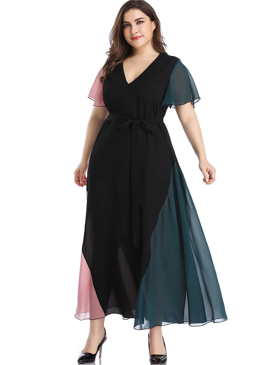 Летнее пляжное платье женское платье с v-образным вырезом и оборками с коротким рукавом Макси длинное платье размера плюс элегантное разноцветное шифоновое платье с поясом