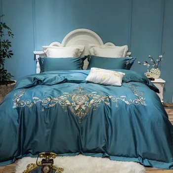 

Luxury Blue 60S Egyptian Cotton Royal Embroidery Bedding Set Queen King Size Duvet Cover Bed sheet Bed Linen Pillowcases 4/7pcs