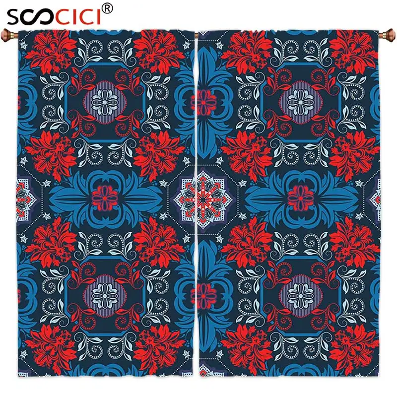 

Window Curtains Treatments 2 Panels,Paisley Decor Indian Style Inspired Modern Floral Ivy Detail Design in Square Image Navy