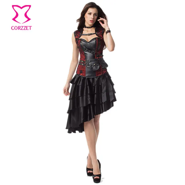 Vintage Steampunk Corset Dress Women Black Plus Size Corsets and Bustiers Skirt Jacket Set Gothic Dresses Burlesque Costumes