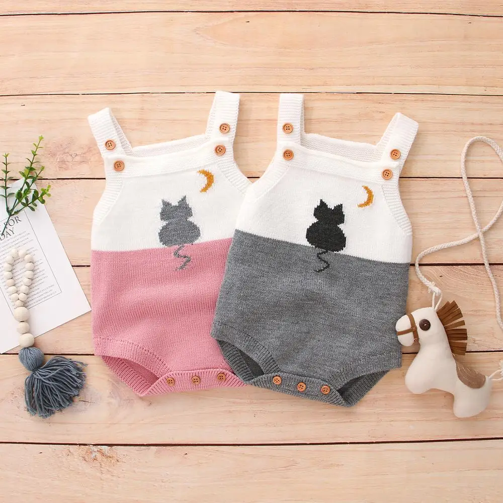 

Baby Girls Bodysuits Newborns Sleeveless Toddler Boys Coveralls Cute Cat Knit Infant Children One Piece Jumpsuits Clolthes 0-18M