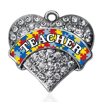 

Special Teacher Jewelry Making Accessories Wholesale Puzzle Piece Autism Teacher Heart Crystal Charms Teacher's Day Gift Jewelry