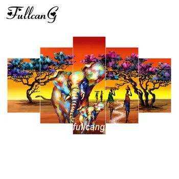 

FULLCANG Africa Woman Elephants 5pcs Diamond Painting Cross Stitch Multi Picture Diamond Embroidery Diy 5D Square Mosaic F1071